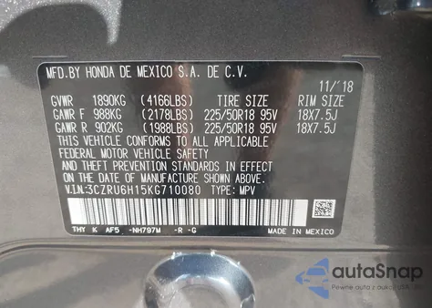 2019 Honda Hr-V Sport z USA, uszkodzony, nr VIN 3CZRU6H15KG710080